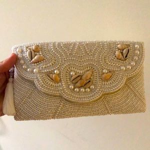 Beaded pearl seashell clutch